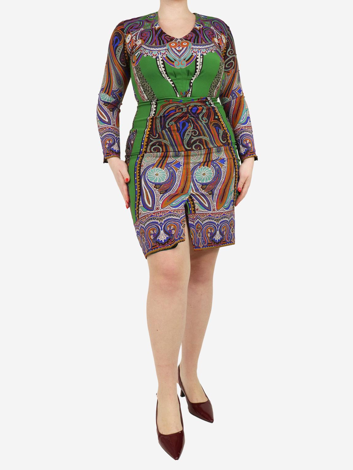 Green silk printed midi dress main product photo