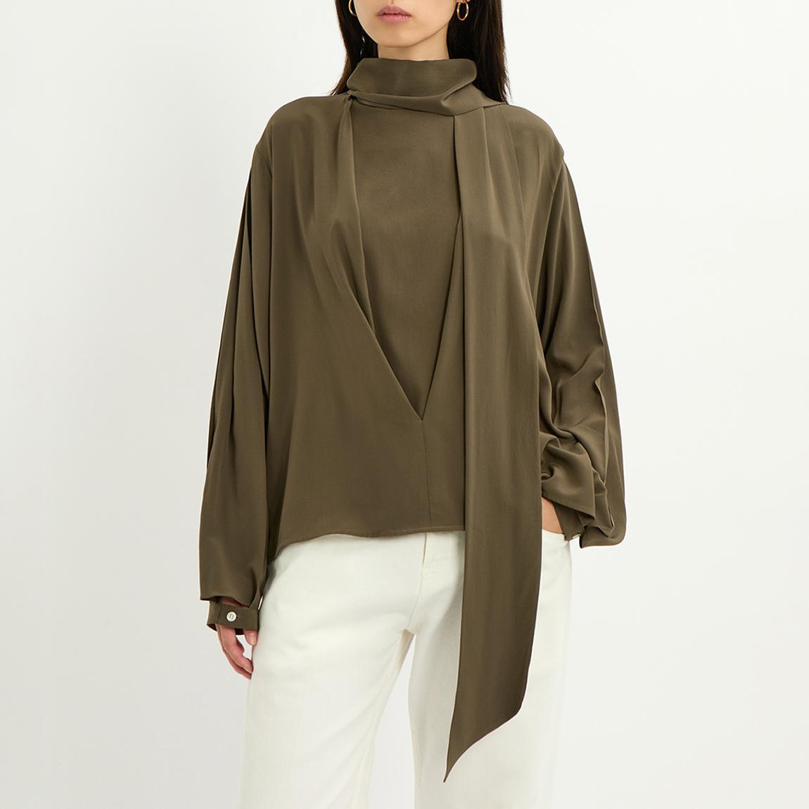 Khaki Scarf Neck Silk Blouse main product photo