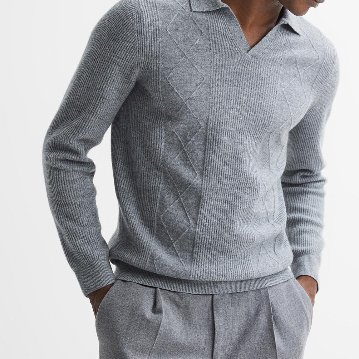 Grey Malik Open Collar Ribbed Polo Shirt main product photo