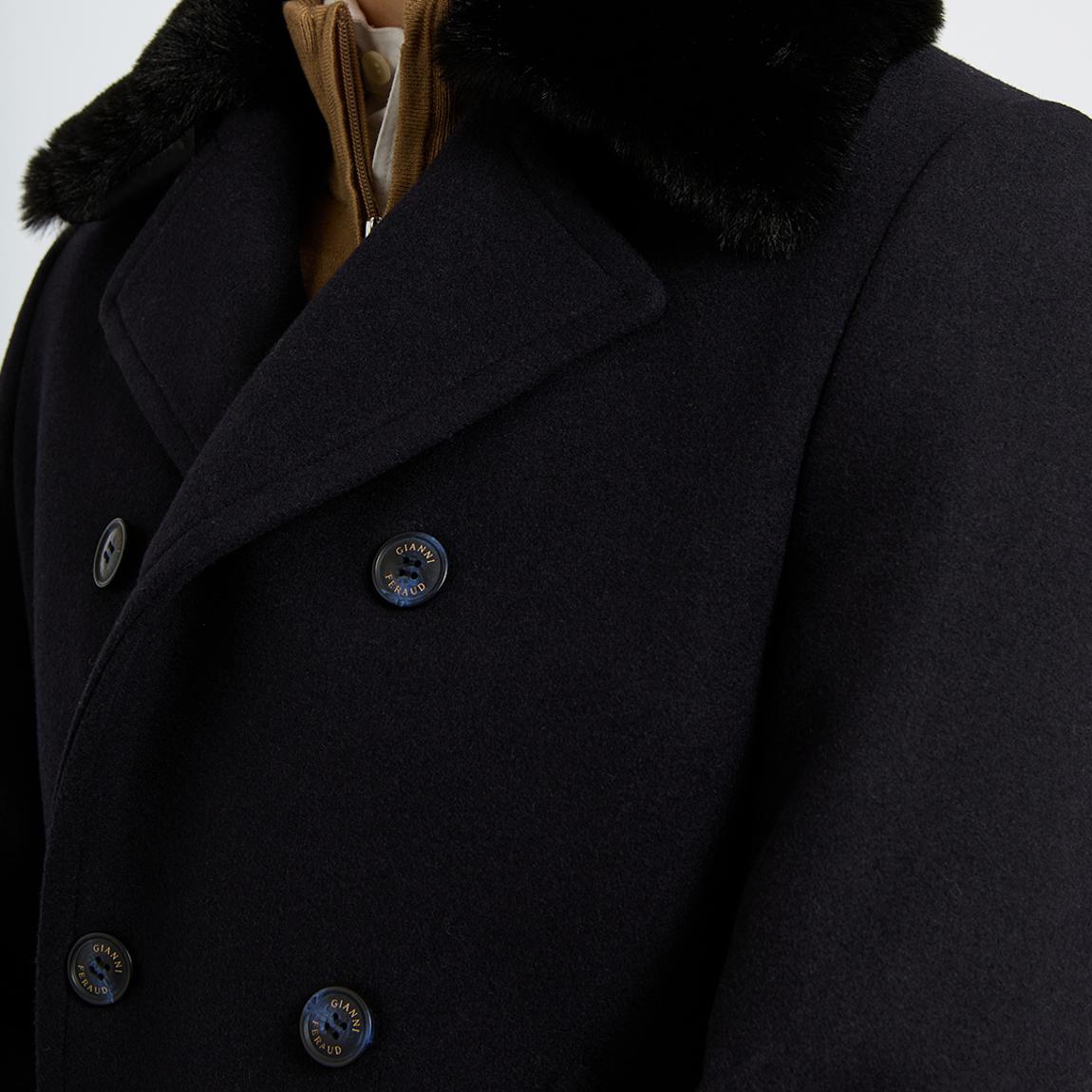 Gianni Feraud Navy Faux Fur Collar Wool Blend Short Coat - BrandAlley