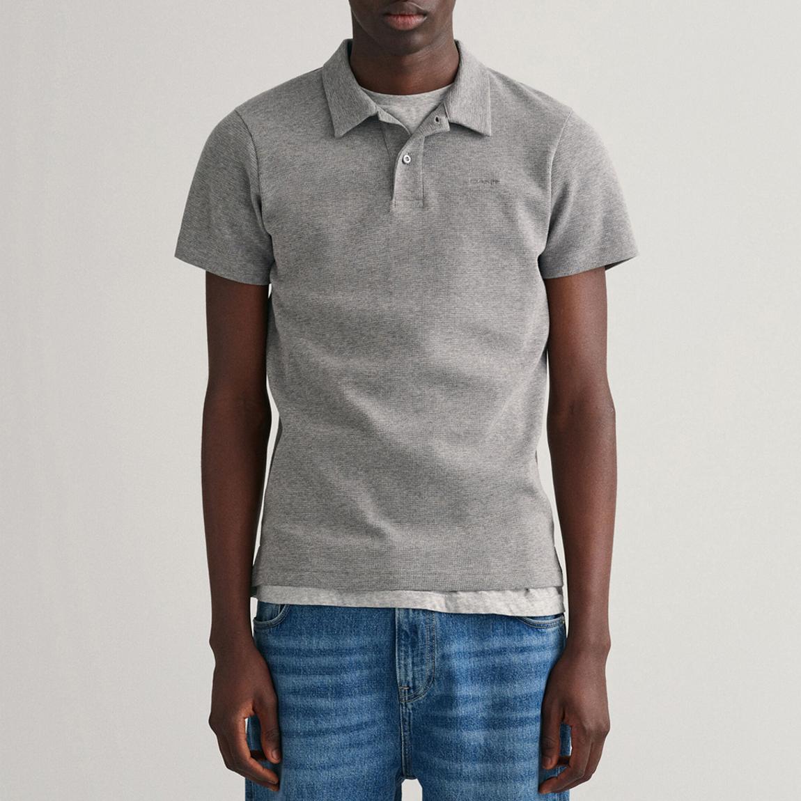 Grey Waffle Texture Pique Cotton Blend Polo Shirt main product photo