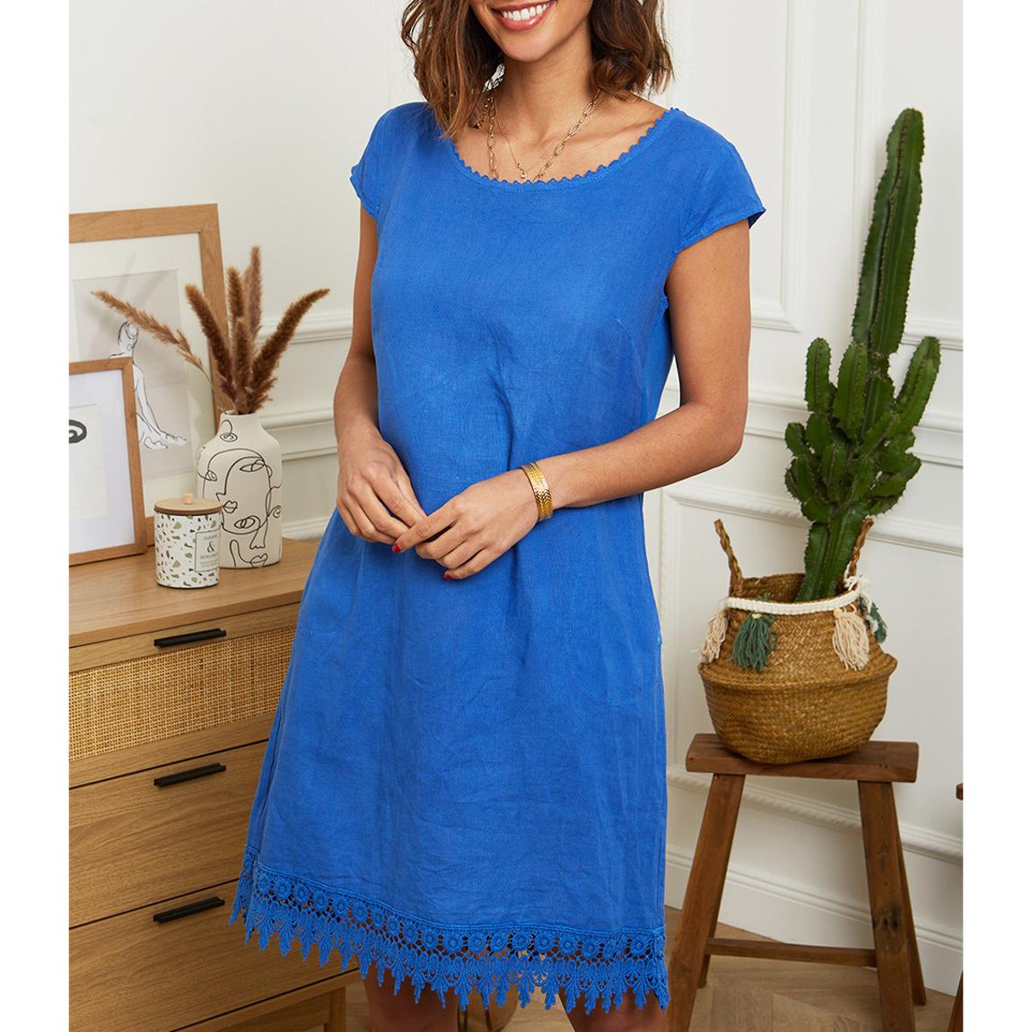 Royal Blue Lace Trim Linen Dress main product photo
