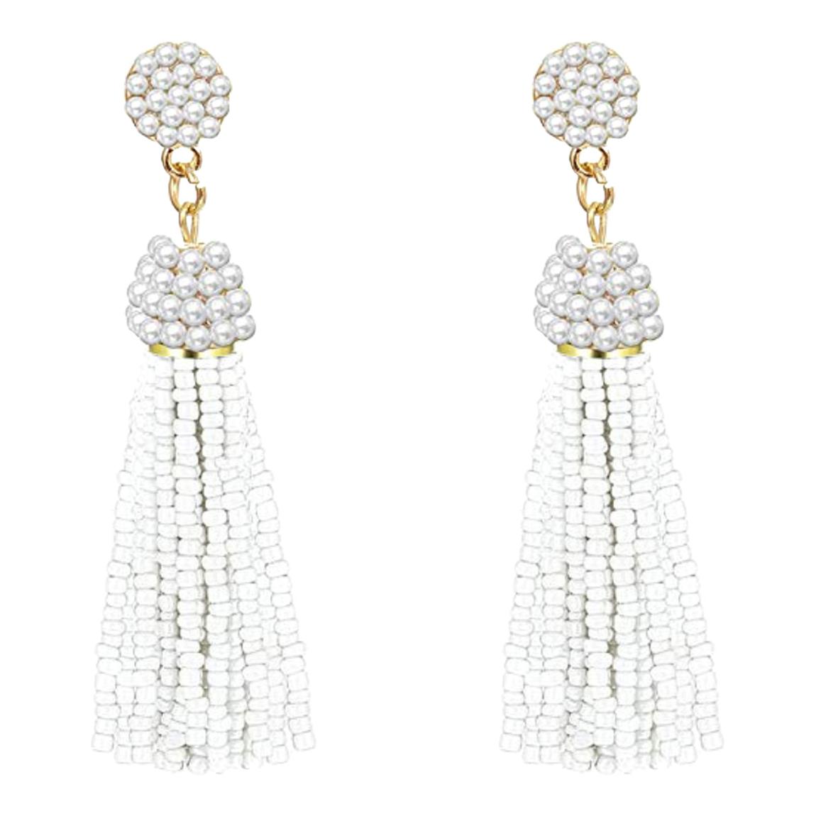 18K Gold Plated White Bead Tassel Statement Earrings main product photo