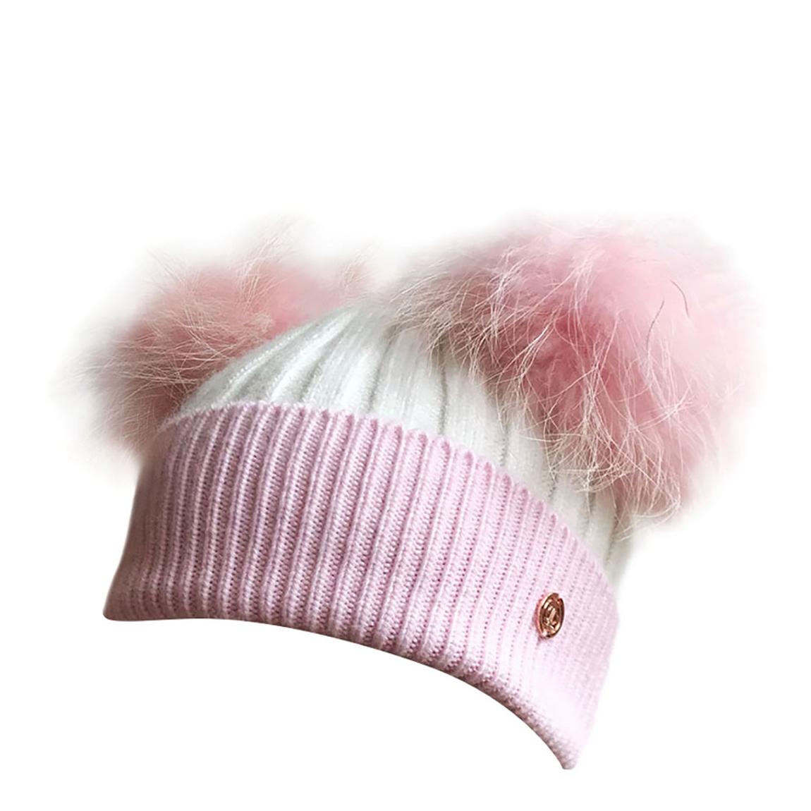 Kids Pink/White Cashmere Pom Pom Beanie Hat main product photo