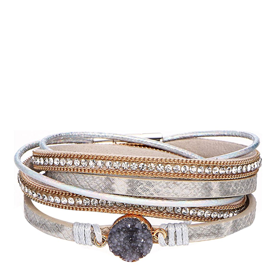 18K Gold Plated Grey Druzy & Crystal Wrap Leather Bracelet main product photo