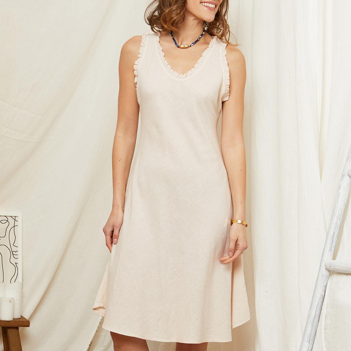 Beige Ruffle Neckline Flare Linen Dress main product photo