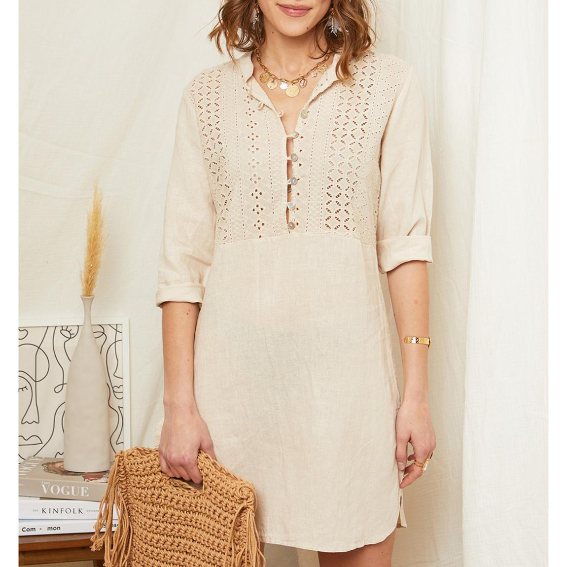 Beige Cutwork Linen Mini Dress main product photo