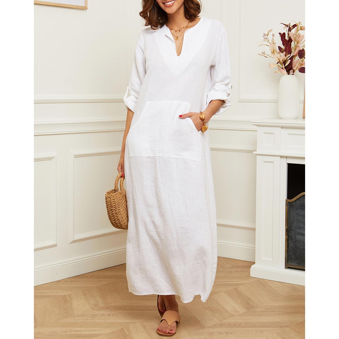 White Pocket Linen Maxi Dress main product photo