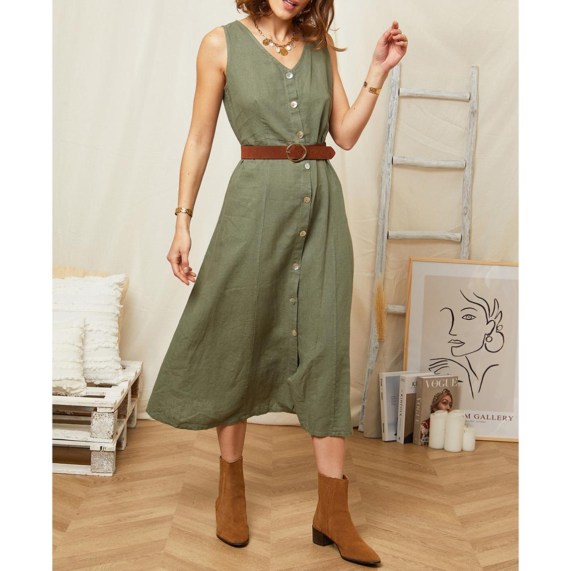 Khaki V Neck Linen Midi Dress main product photo