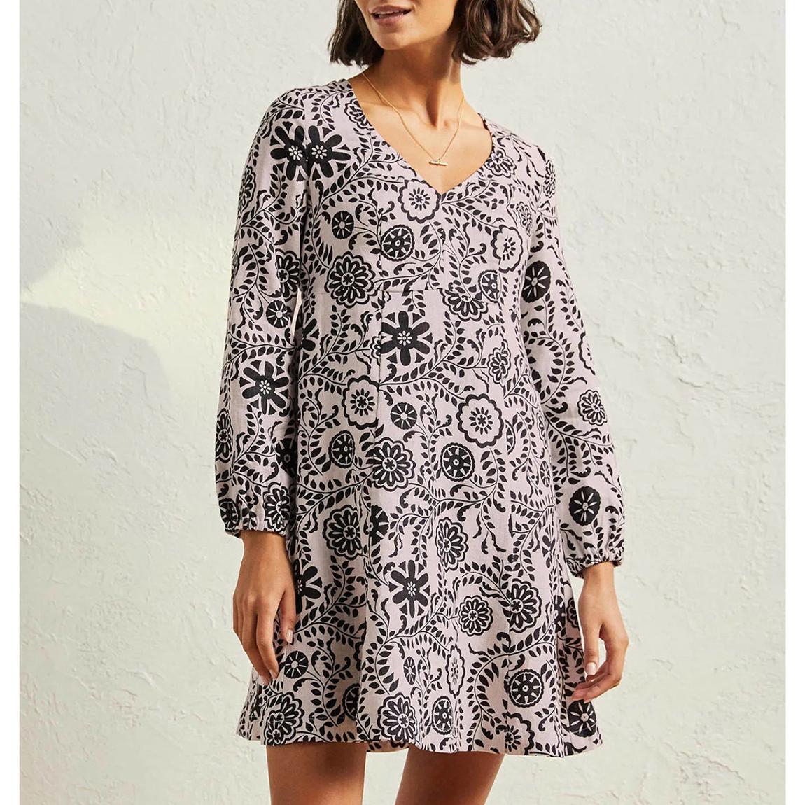 Black Floral V-Neck Linen Mini Dress main product photo