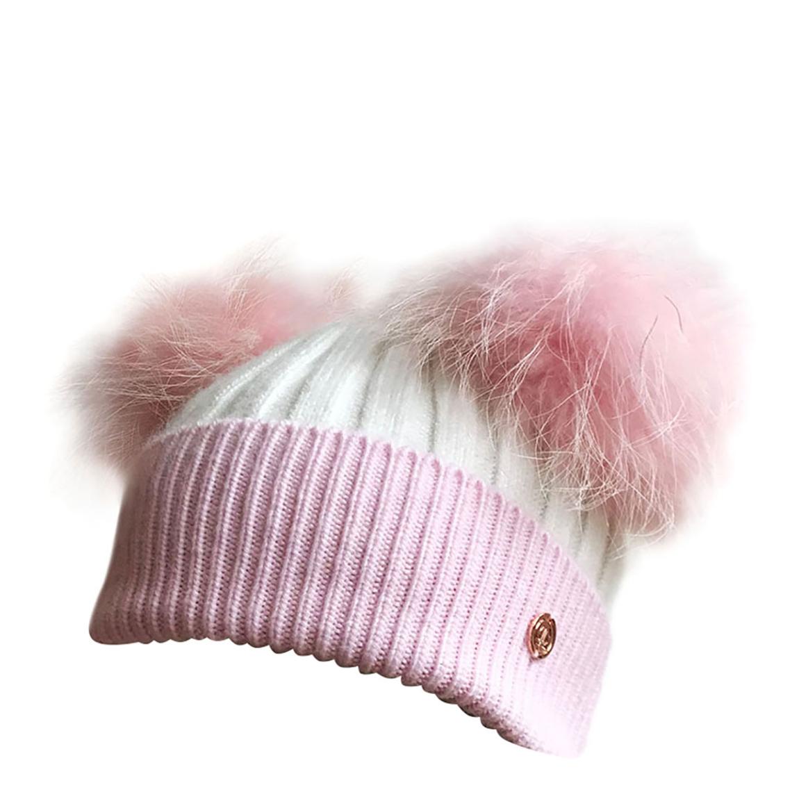 Adult Pink/White Cashmere Blend Double Pom Pom Beanie Hat main product photo