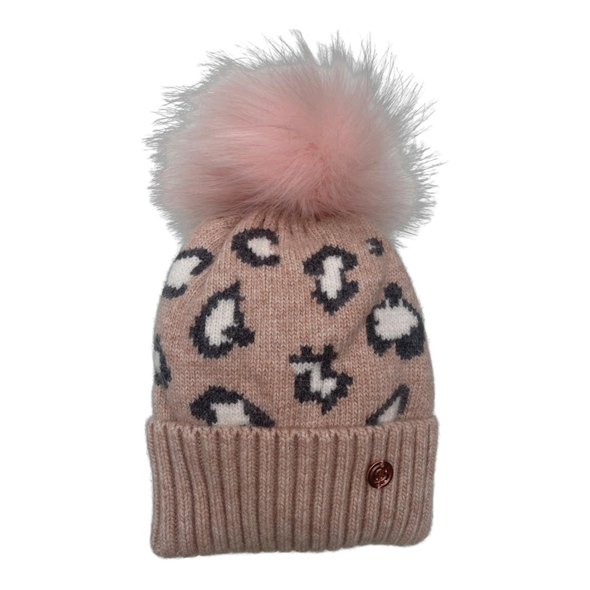 Adult Beige/Pink Leopard Print Cashmere Blend Pom Hat main product photo