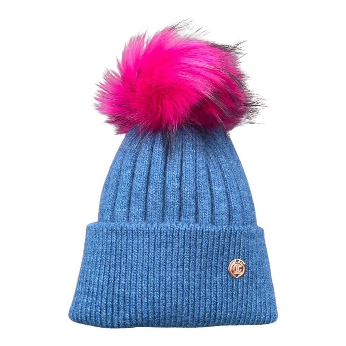 Adult Denim Blue and Electirc Pink Single Pom Cashmere Hat main product photo