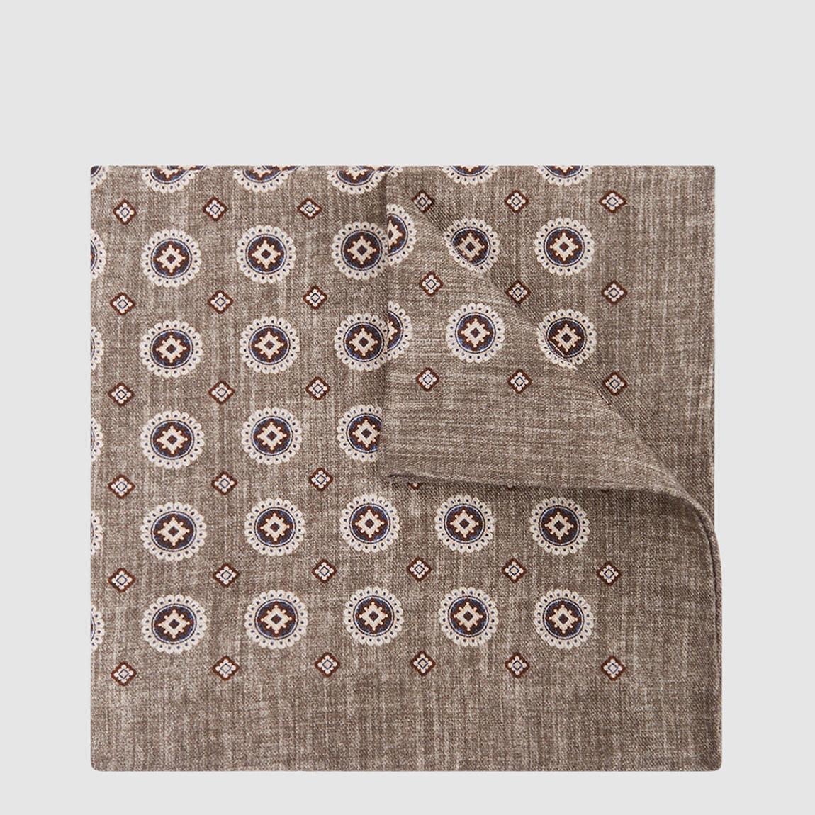 Taupe Crescent Medallion Print Silk Pocket Square main product photo