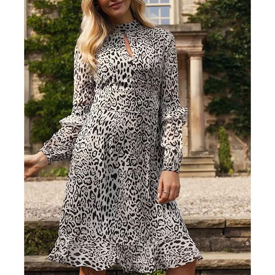 SOSANDAR Leopard Print Fit Flare Ruffle Dress - BrandAlley