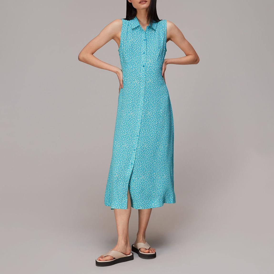 Blue Floral Sleeveless Shirt Dress main product photo