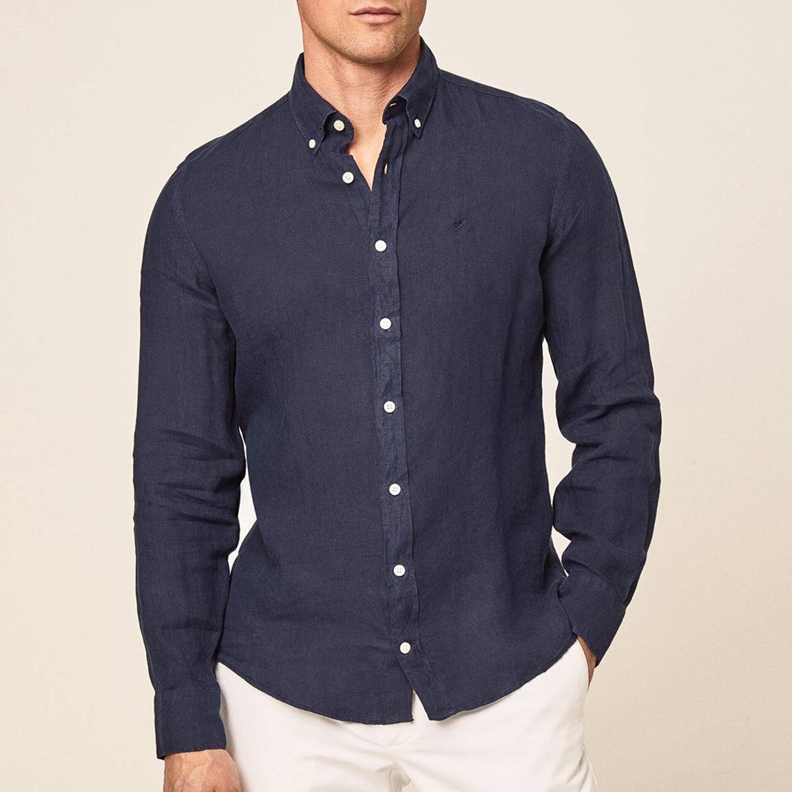 Navy Embroidered Logo Long Sleeve Linen Shirt main product photo