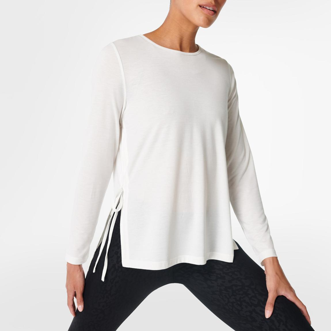 WHITE Tie Side Yoga Long Sleeve Top - Lily White main product photo