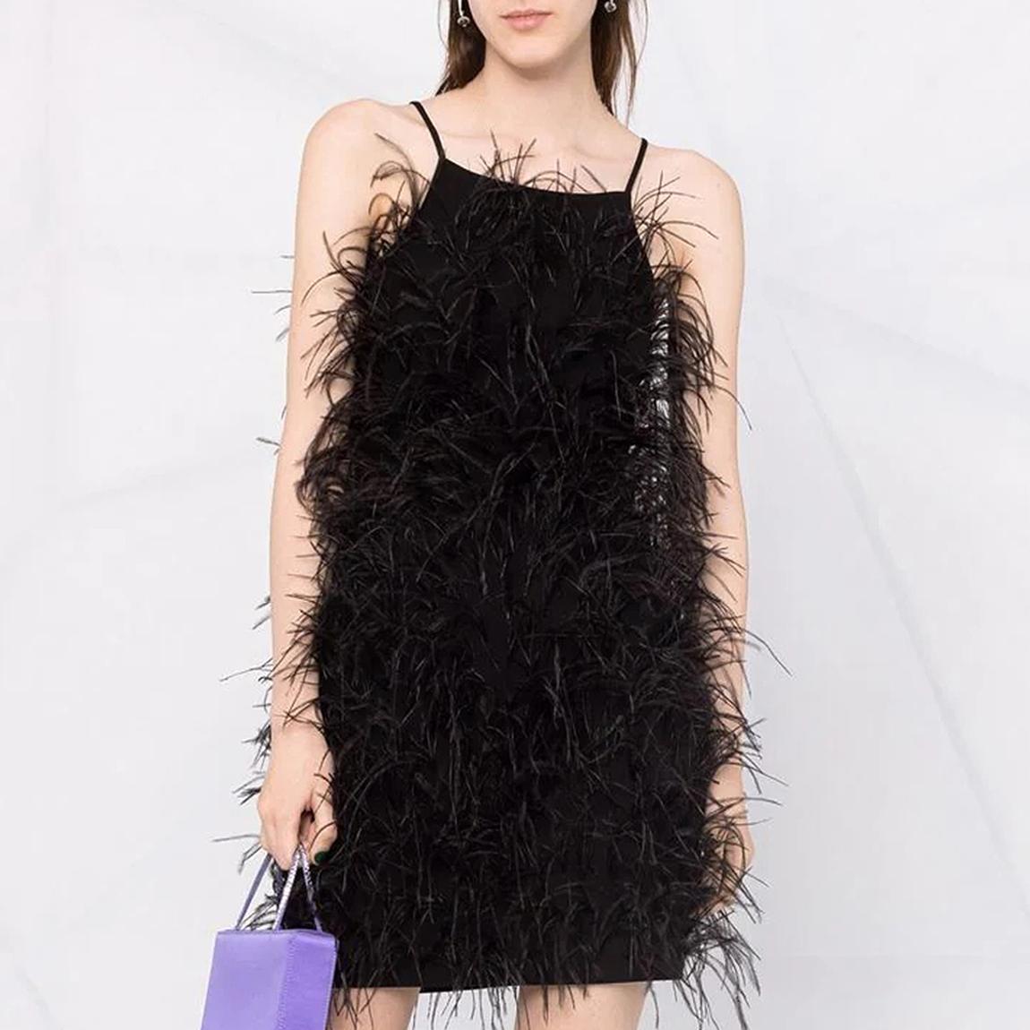 Black Square Neck Feather Dress main product photo