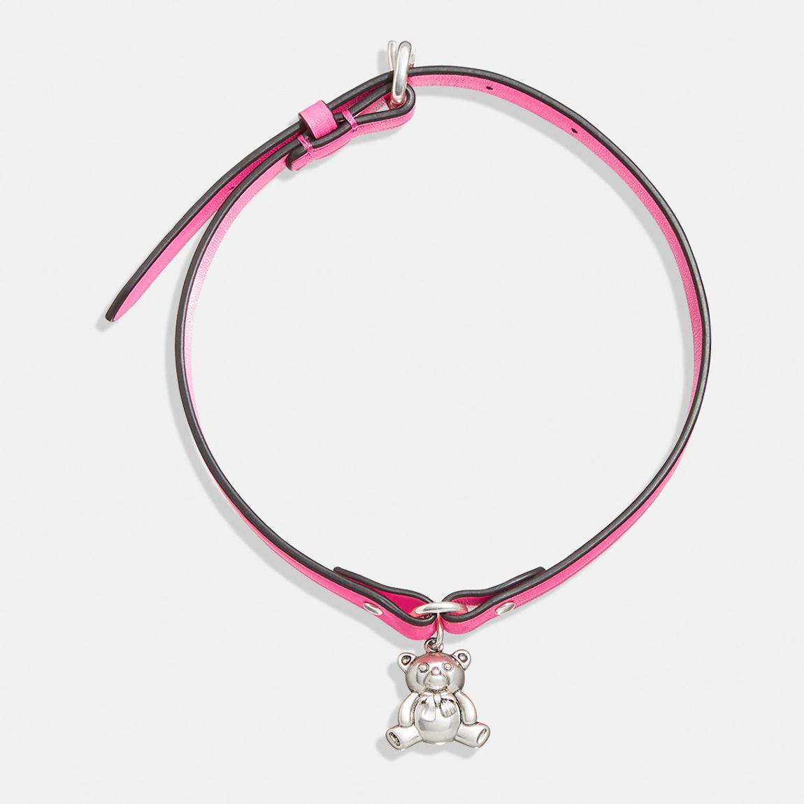 Silver Pink Teddy Bear Leather Choker Necklace main product photo