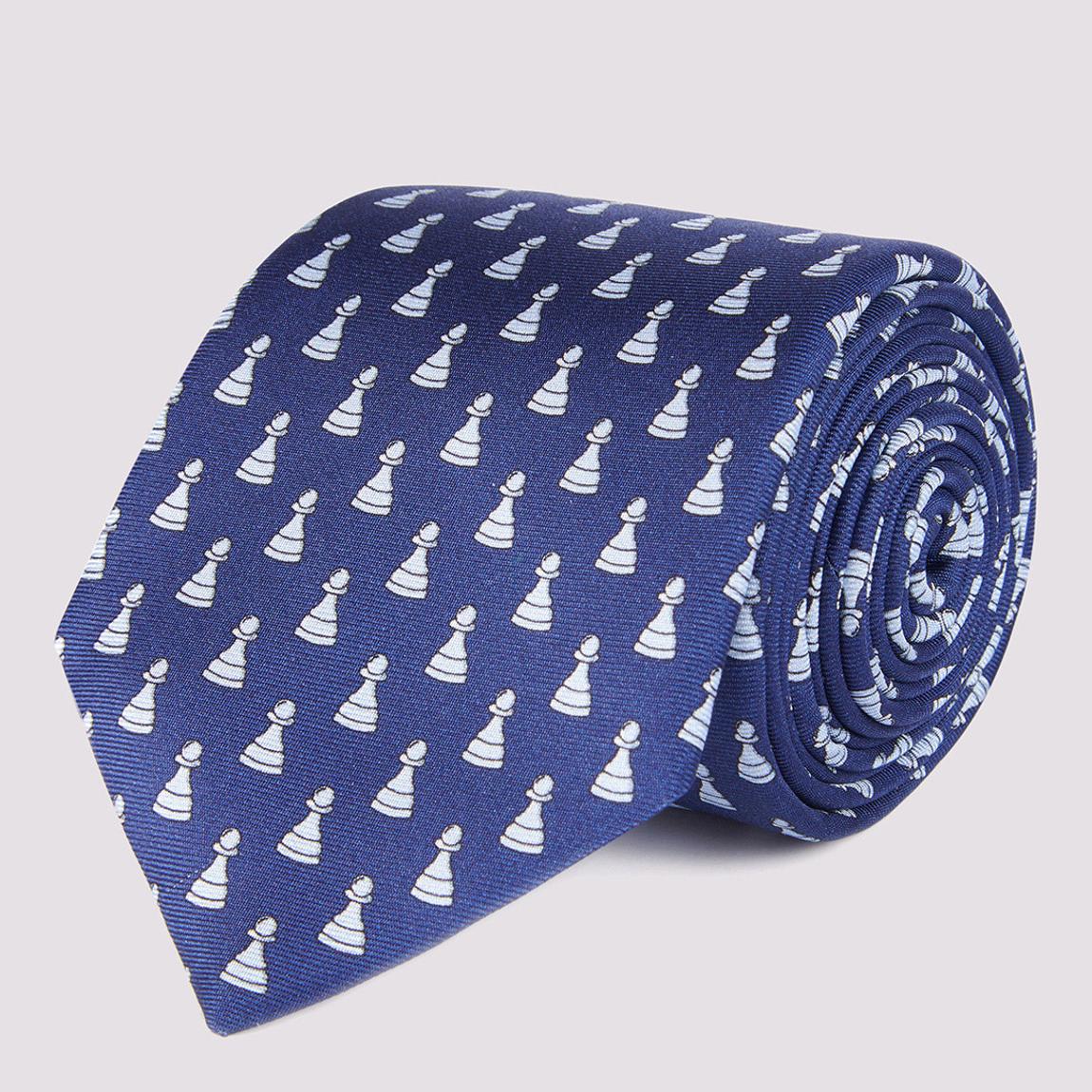 Dark Blue Chess Piece Print Silk Tie main product photo