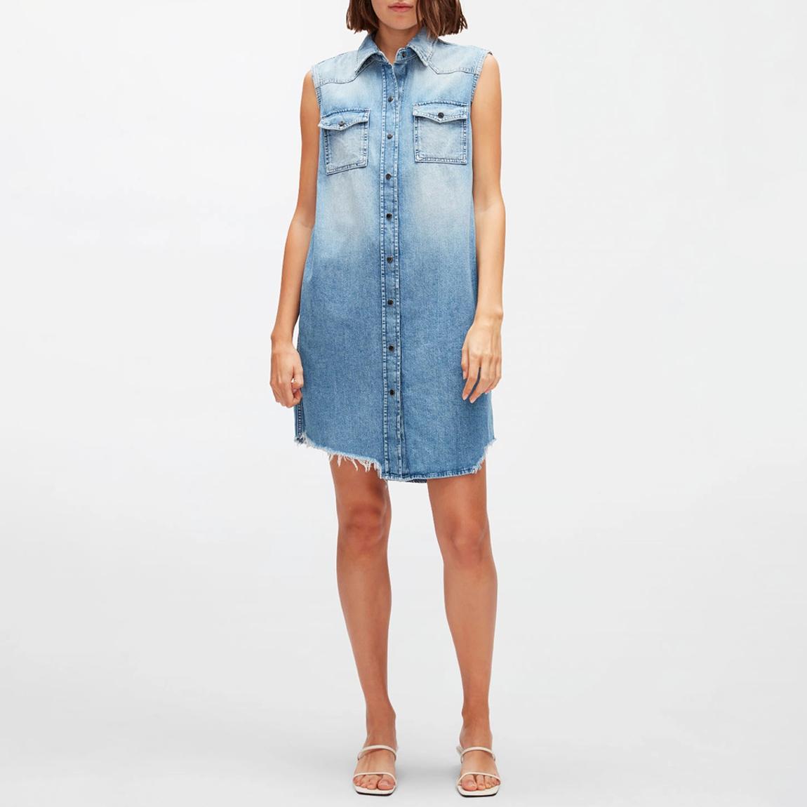 Mid Blue Sleeveless Denim Shirt Dress main product photo