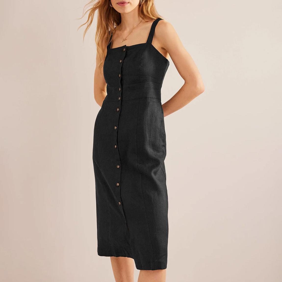 Black Strappy Linen Midi Dress main product photo