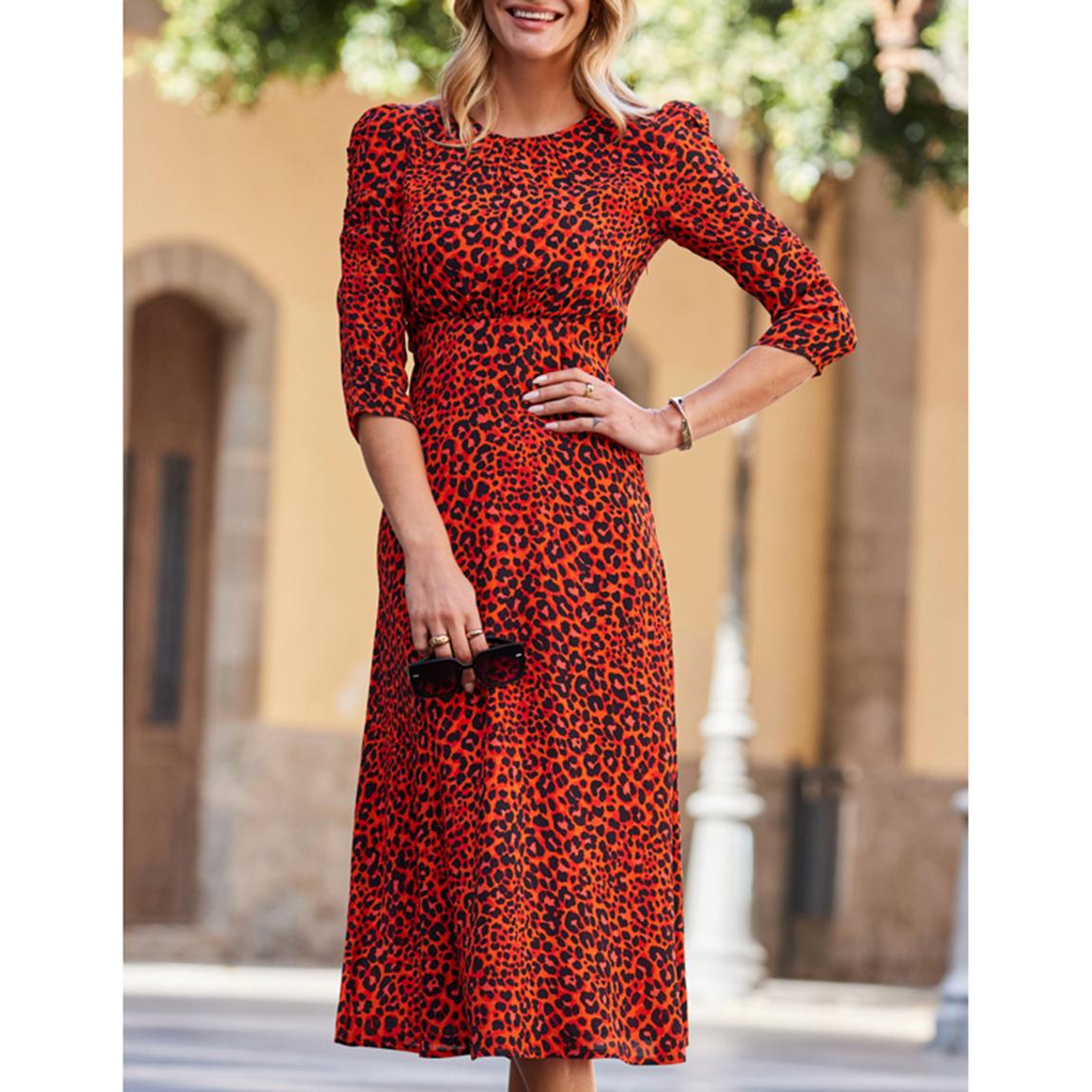 Red & Black Animal Print Ruched Shoulder Midi Dress main product photo