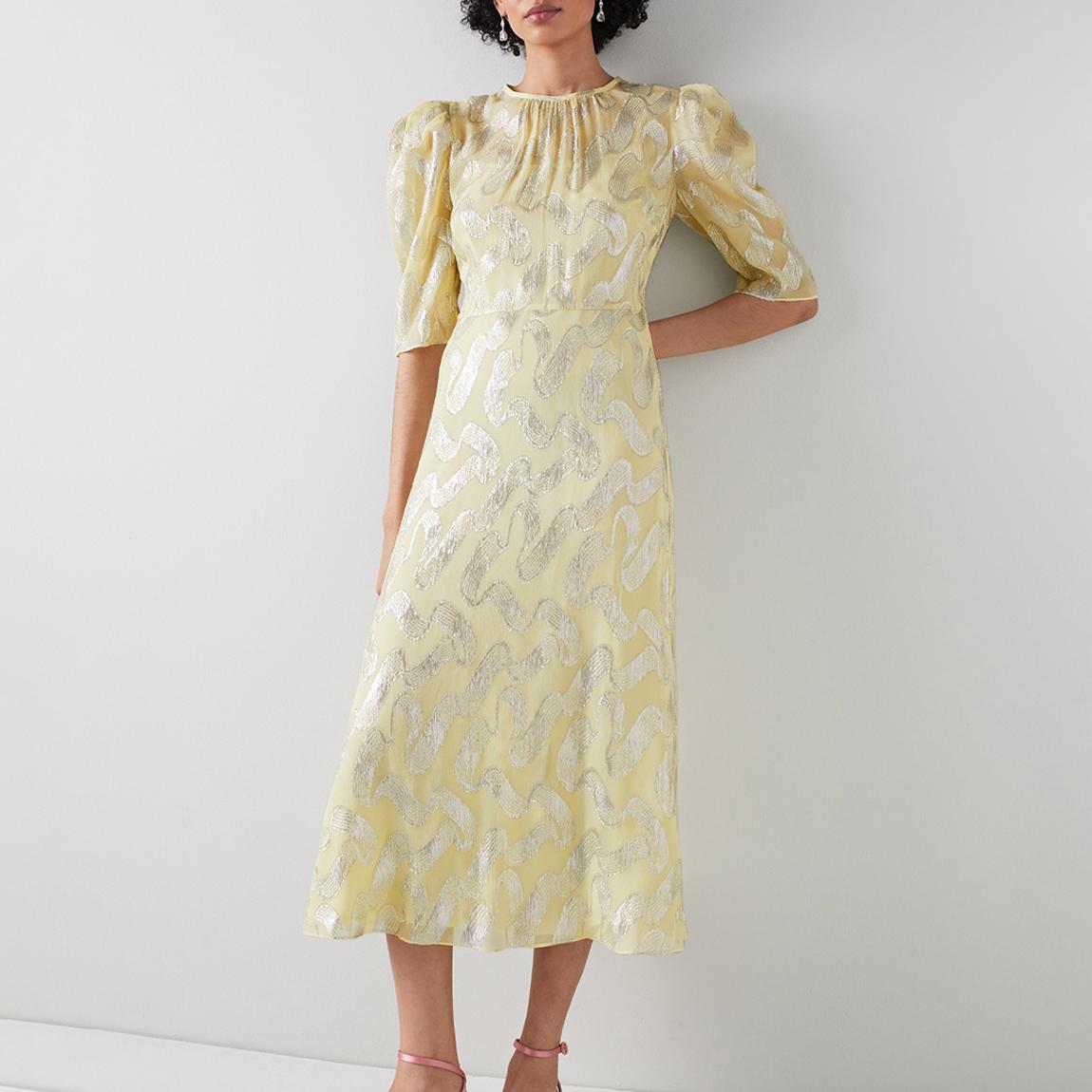 L K Bennett Yellow/Silver Glinda Pattern Silk Dress - BrandAlley