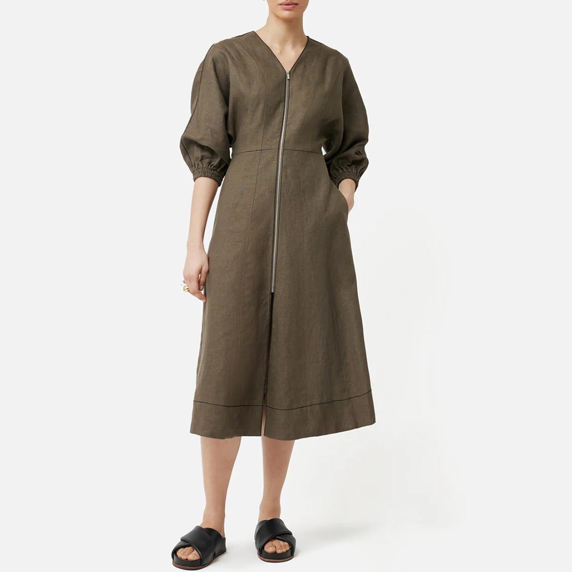 Jigsaw Khaki Linen Zip Midi Dress - BrandAlley