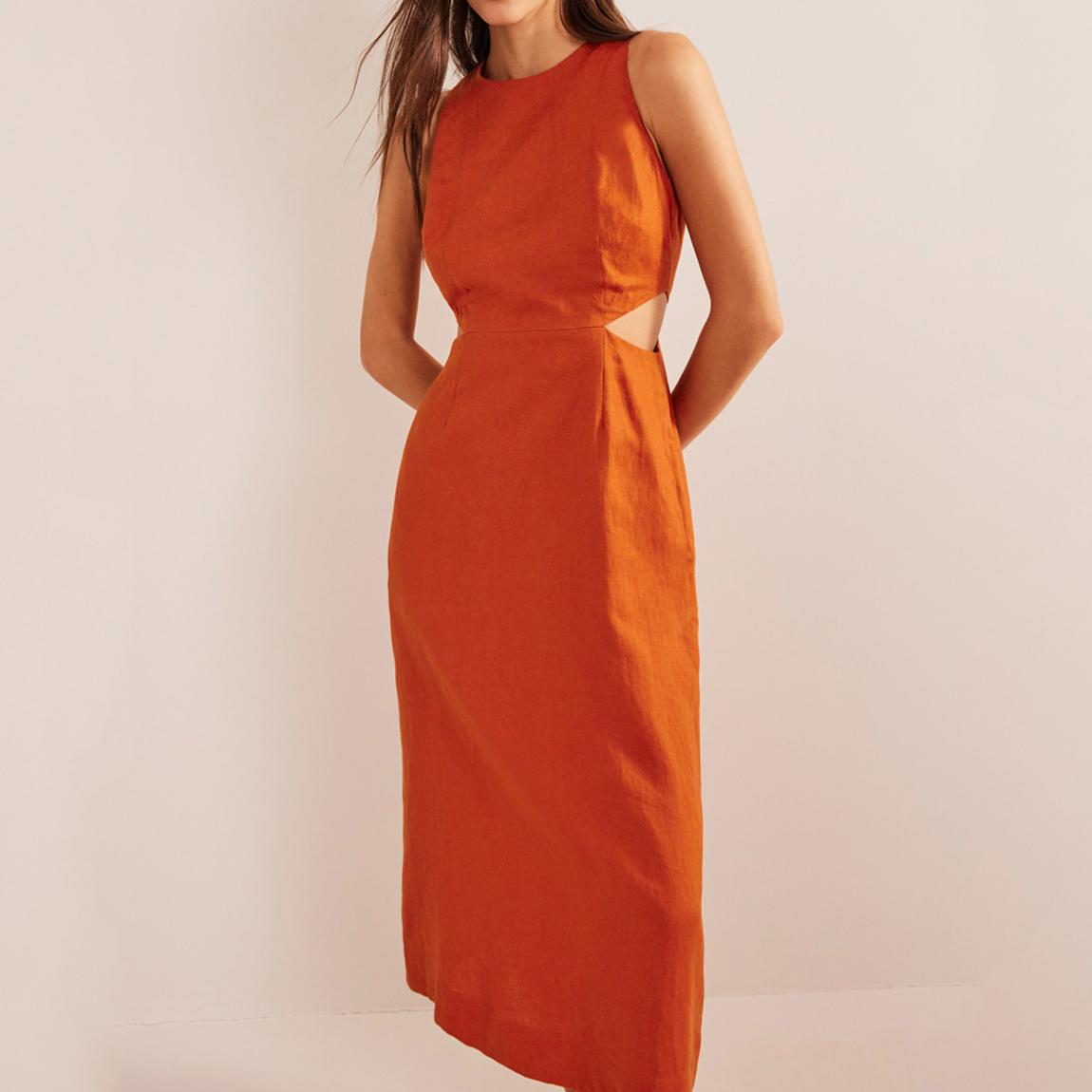 Orange Cut Out Linen Midi Dress main product photo
