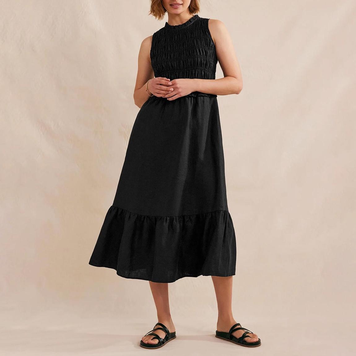 Black Smocked Linen Midi Dress main product photo