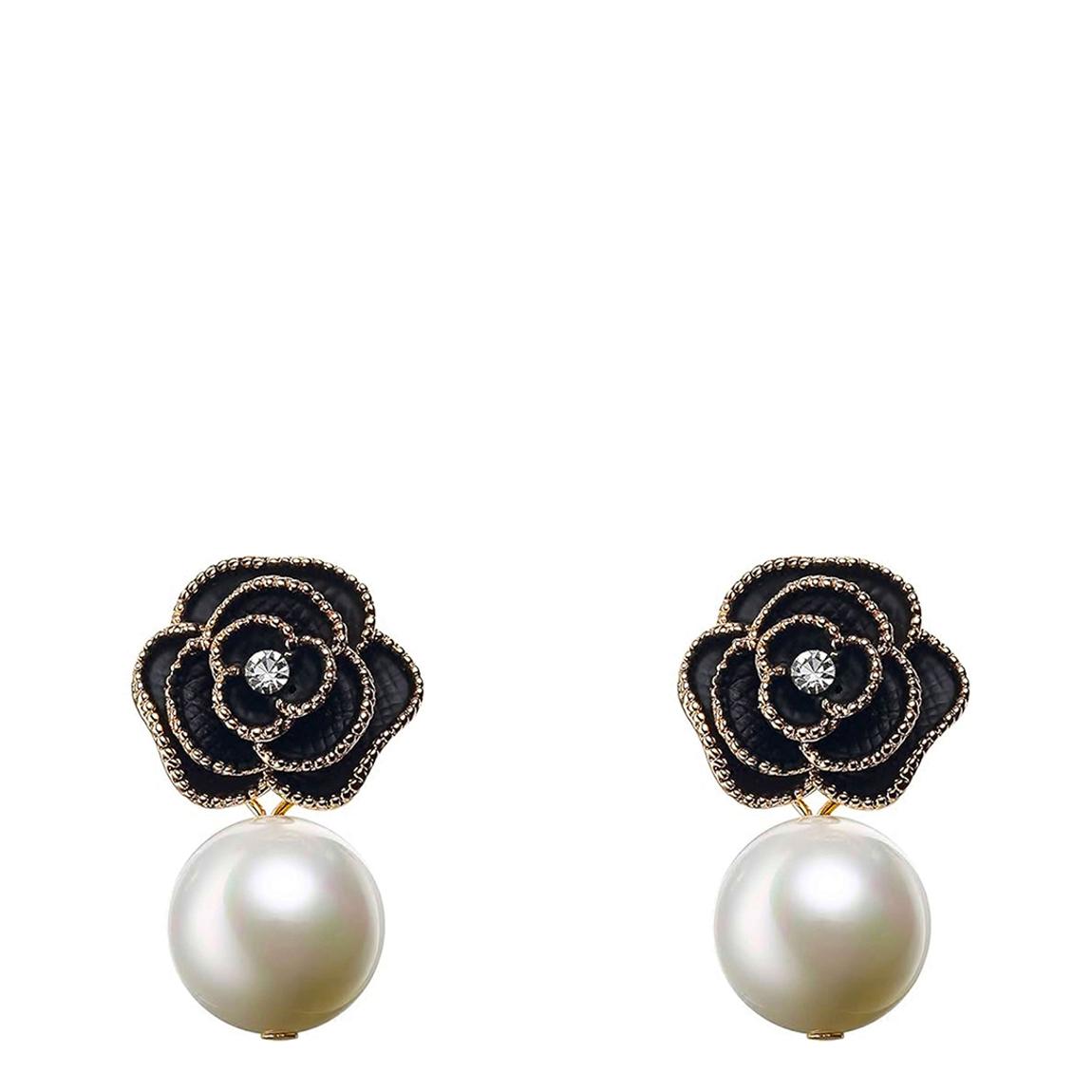 18K Gold Black Enamel Rose & Pearl Drop Earrings main product photo