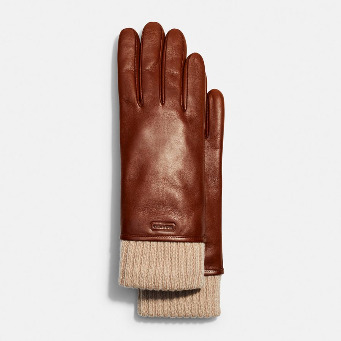 Beige Leather Knit Cuff Mixed Gloves main product photo