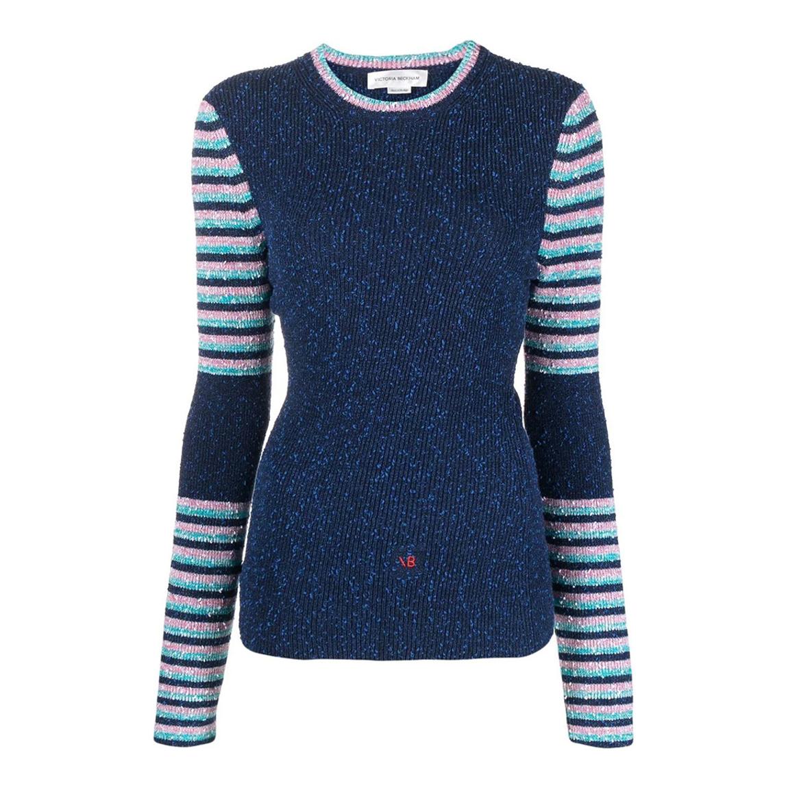 Navy Striped Sleeve Cotton Blend Top main product photo