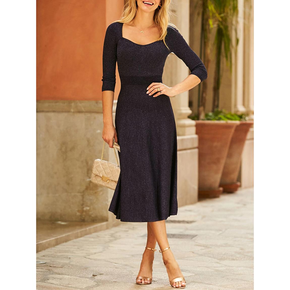 Navy Blue Metallic Sweetheart Neckline Fit Flare Knitted Dress main product photo