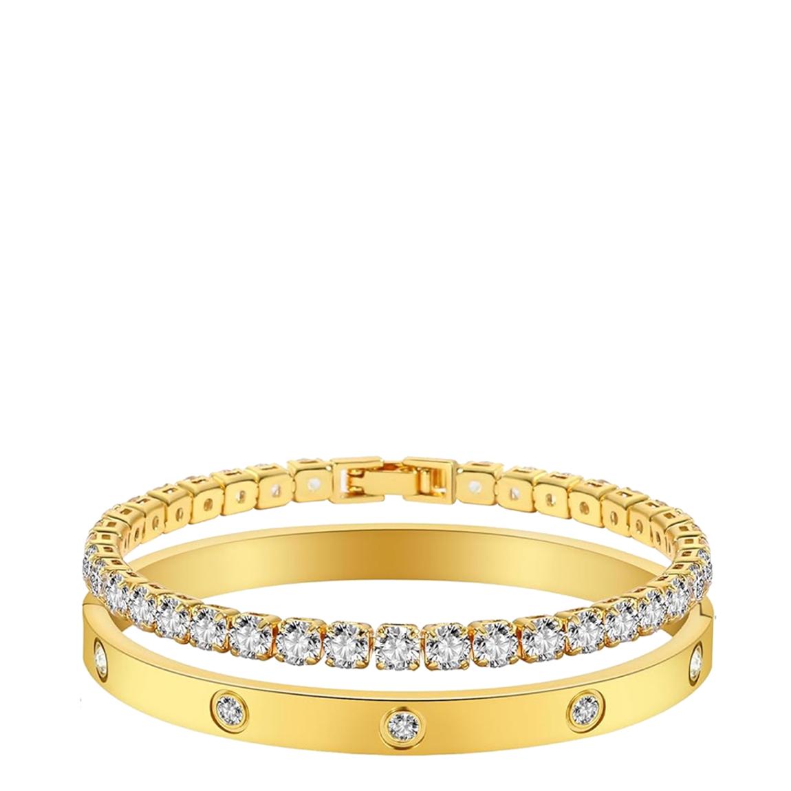 18K Gold Modern Bangle & Tennis Bracelet Set main product photo