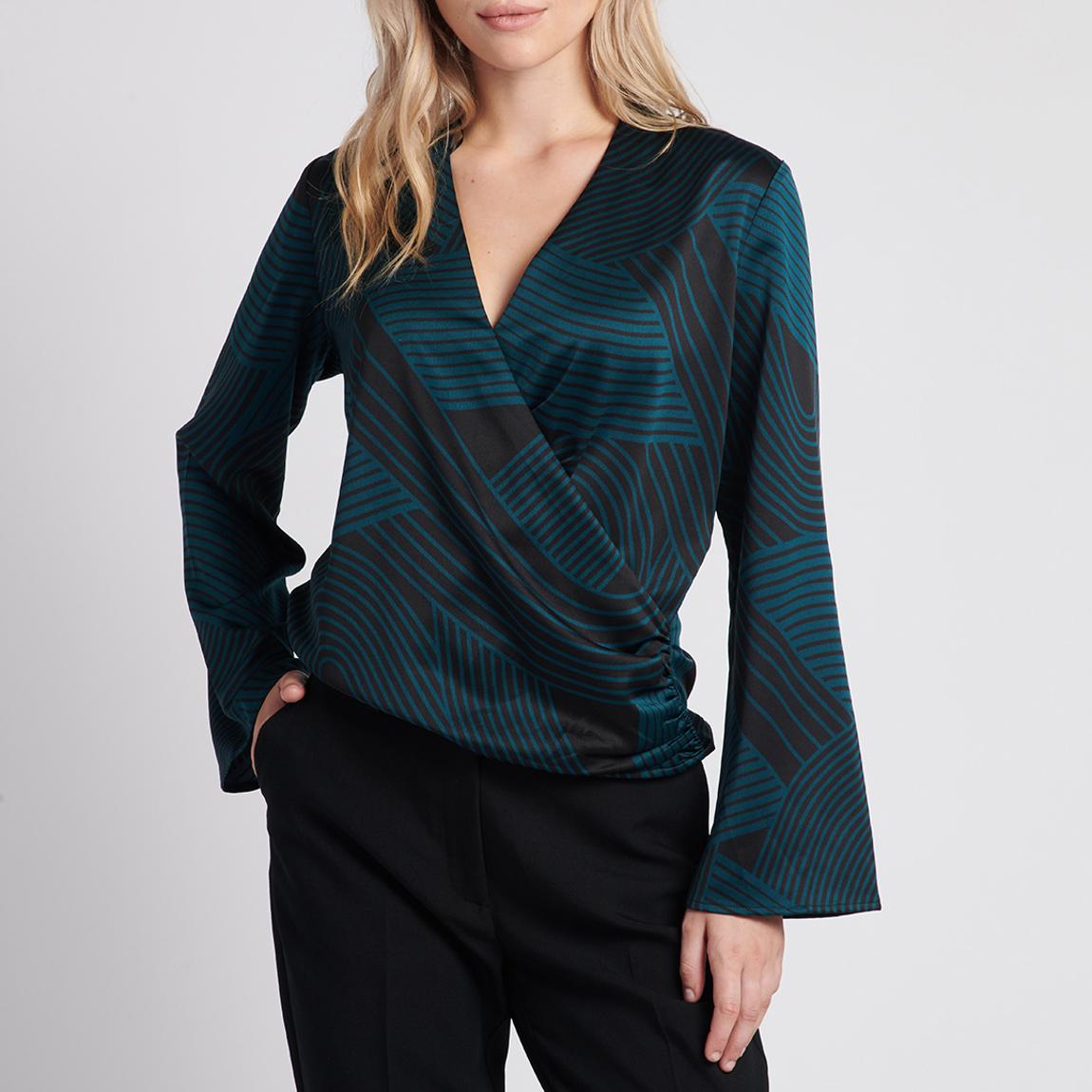 Dark Blue Printed Satin Wrap Shirt main product photo