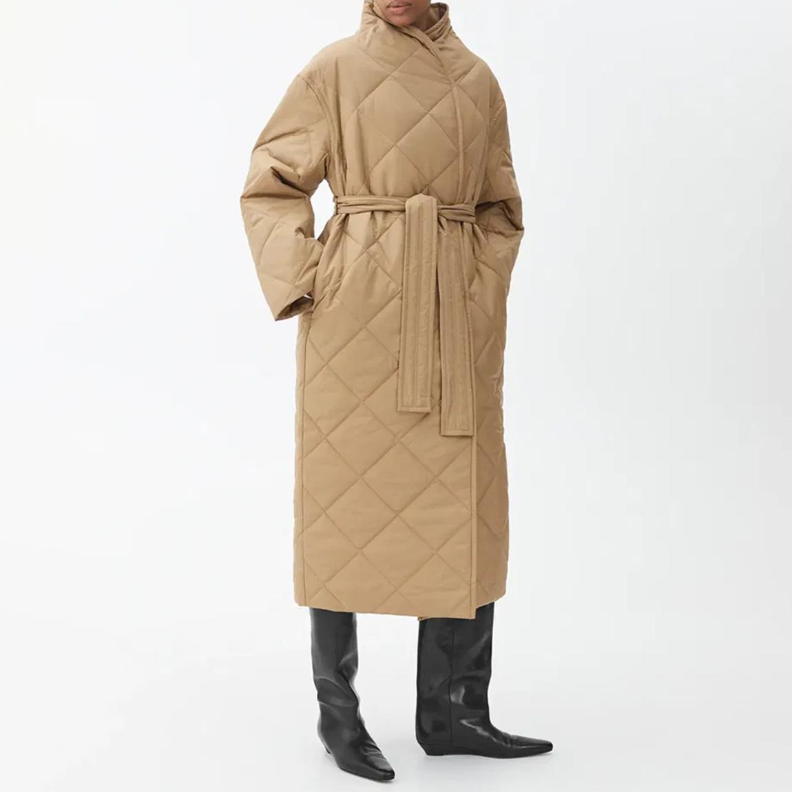 Camel Quilted Belted Long Jacket main product photo