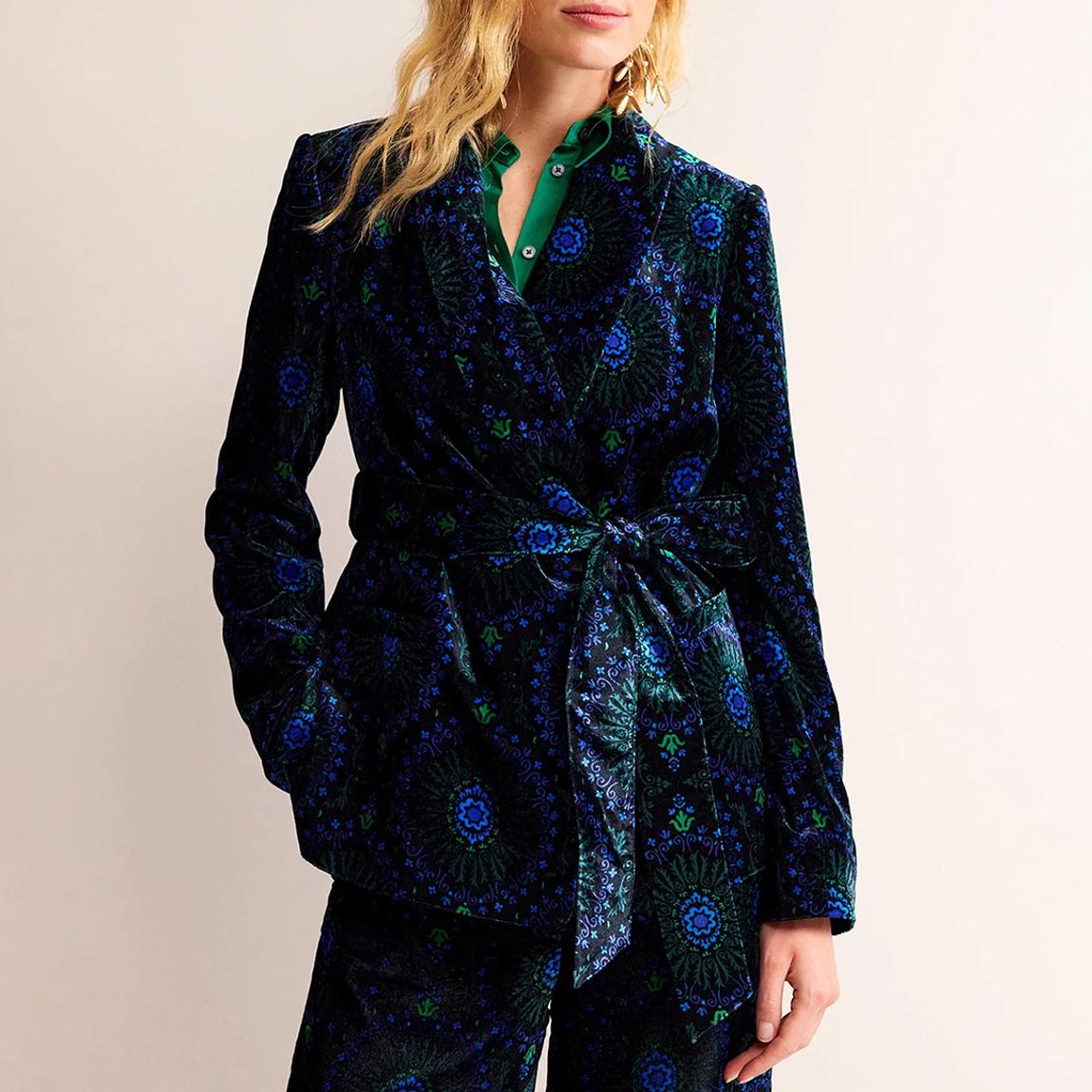 Black/Blue Tie Waist Velvet Jacket main product photo