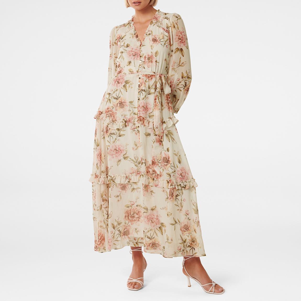 knee length dresses for ladies Nicky Long Sleeve Tiered Midi Dress Pink Floral