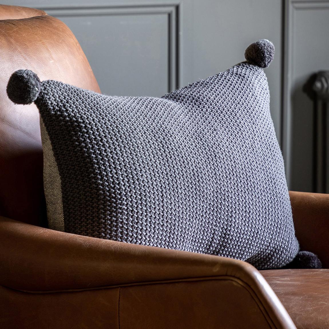 Moss Stitched PomPom 40x60cm Cushion Cover, Charcoal main product photo