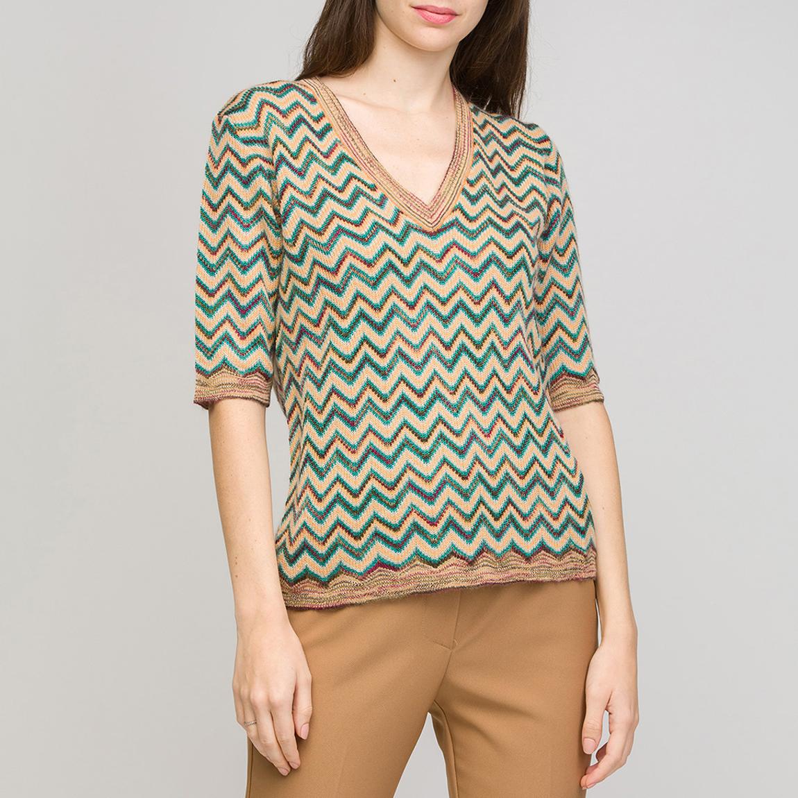 Beige/Blue V-Neck Pattern Wool Blend Top main product photo