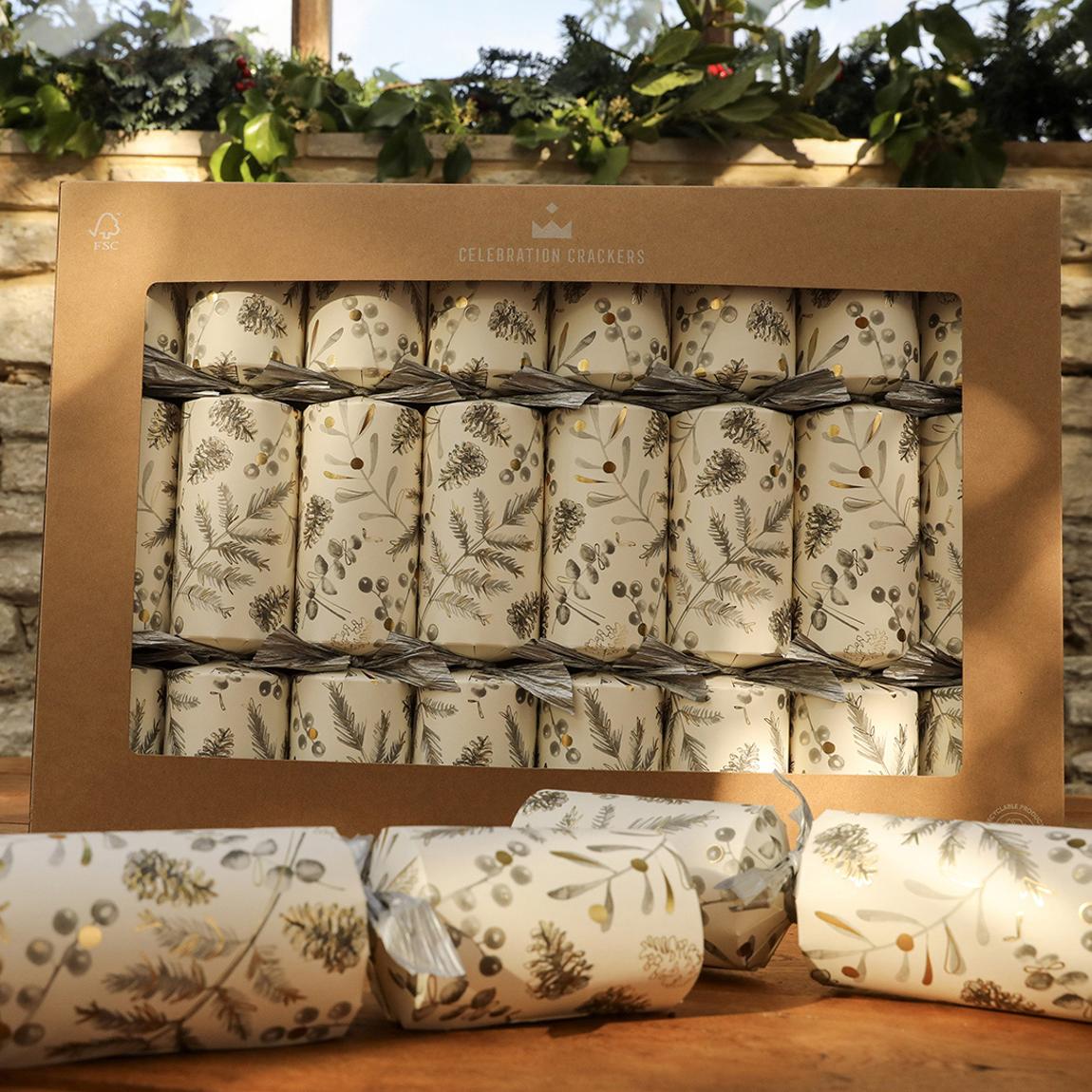 Set Of 8 Super Deluxe Silver Botanical Christmas Crackers main product photo