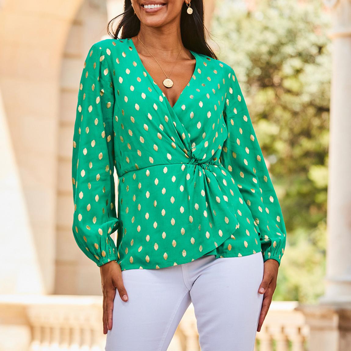 Green Metallic Printed Knot Front Top main product photo