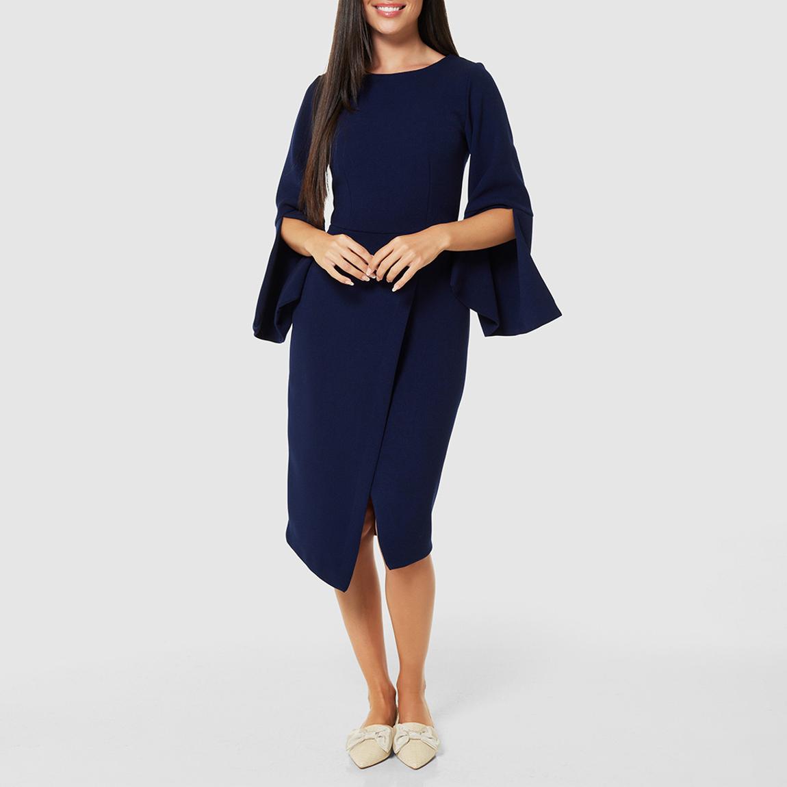 Navy Flared Sleeve Pencil Midi Dress main product photo