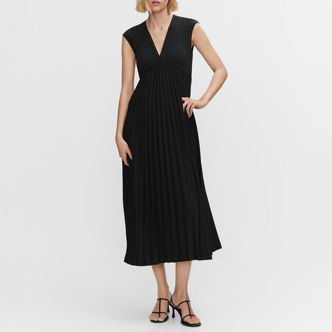 Black V-Neck Pleated Dress main product photo