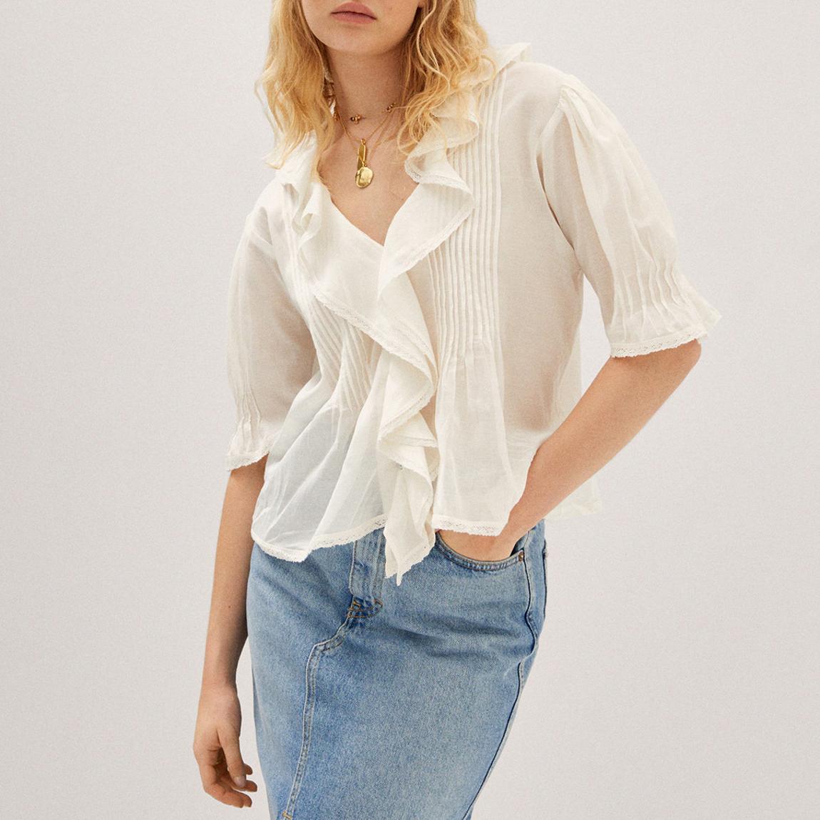 Cream Ruffled Cotton Blend Blouse main product photo
