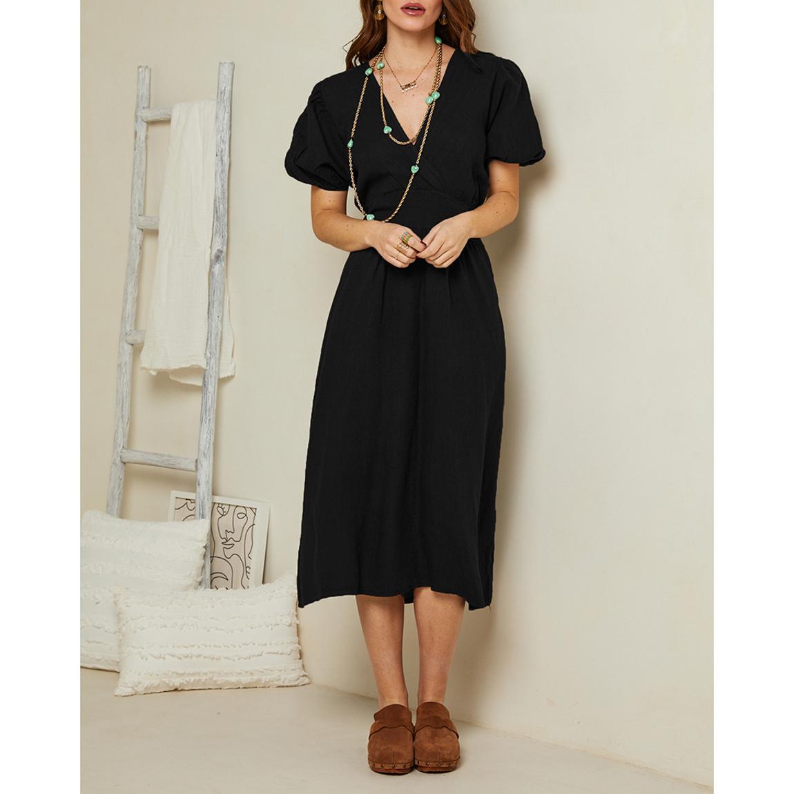 Black V-neck Linen Dress main product photo