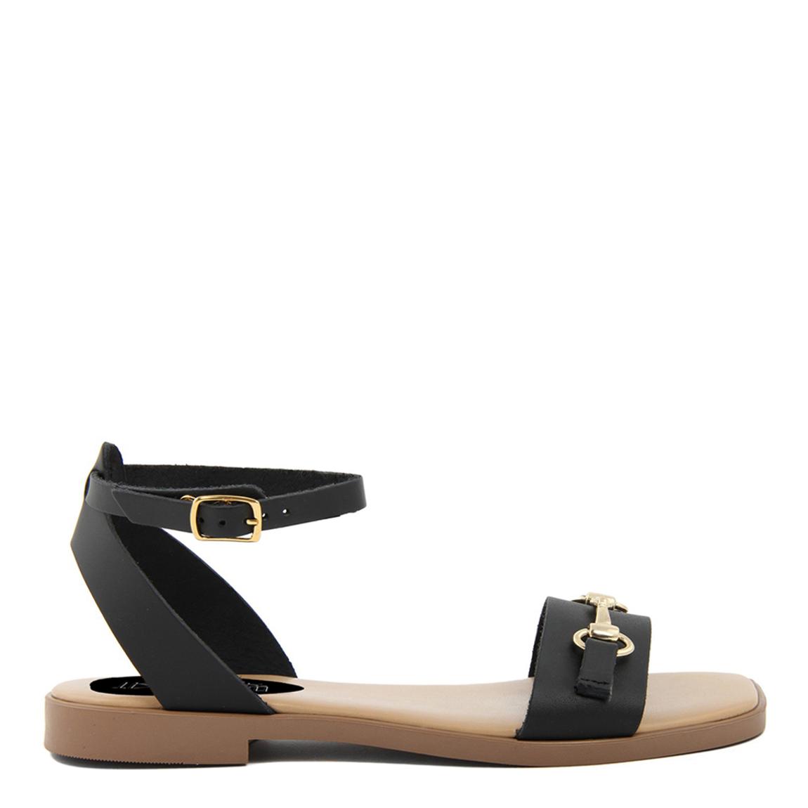 Black Leather Chain Detail Flat Sandals main product photo